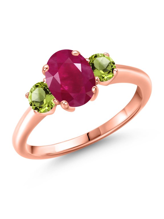 2.20 Ct Oval Red Ruby Green Peridot 18K Rose Gold Plated Silver Ring (Size 7)