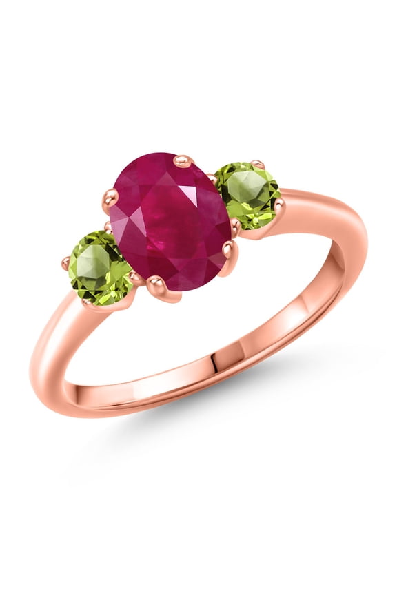 2.20 Ct Oval Red Ruby Green Peridot 18K Rose Gold Plated Silver Ring (Size 5)