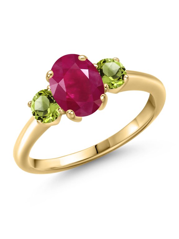 2.20 Ct Oval Red Ruby Green Peridot 18K Yellow Gold Plated Silver Ring (Size 6)