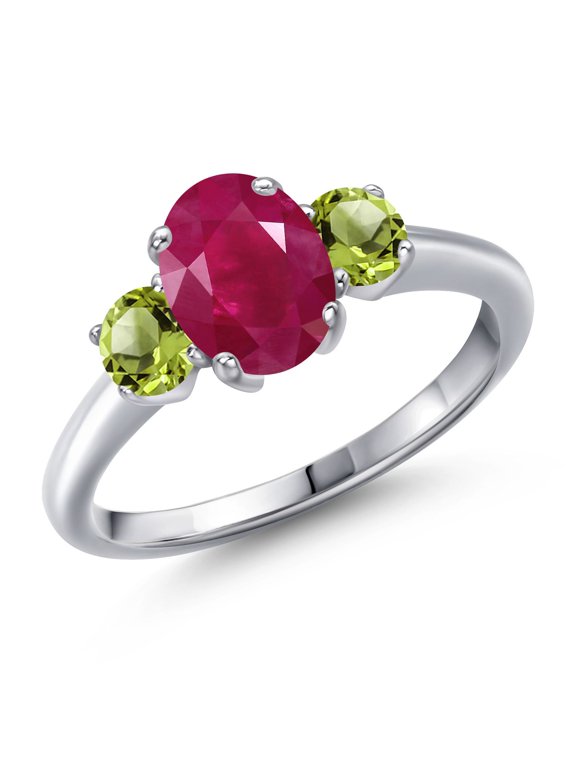 2.20 Ct Oval Red Ruby Green Peridot 925 Sterling Silver Ring (Size 7)