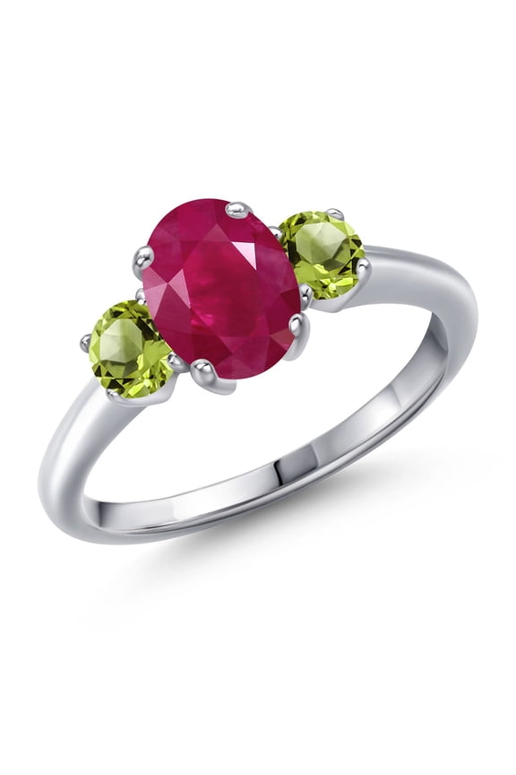 2.20 Ct Oval Red Ruby Green Peridot 925 Sterling Silver Ring (Size 9)