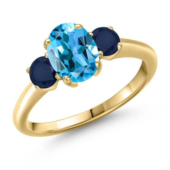 Gem Stone King 2.20 Ct Oval Swiss Blue Topaz Blue Sapphire 18K Yellow Gold Plated Silver Ring