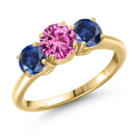 Gem Stone King 18K Yellow Gold Plated Silver Pink Created Sapphire and Blue Created Sapphire Engagement Ring for Women | 2.20 Cttw | Round 6MM | Gemstone September Birthstone | Size 7