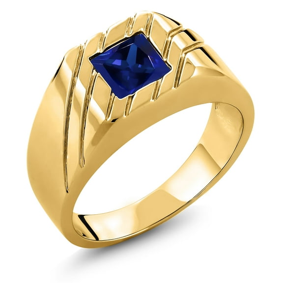 Gem Stone King 2.20 Ct 7X7mm Princess Blue Created Sapphire 18K Yellow Gold Plated Silver Men's Ring (Size 11)
