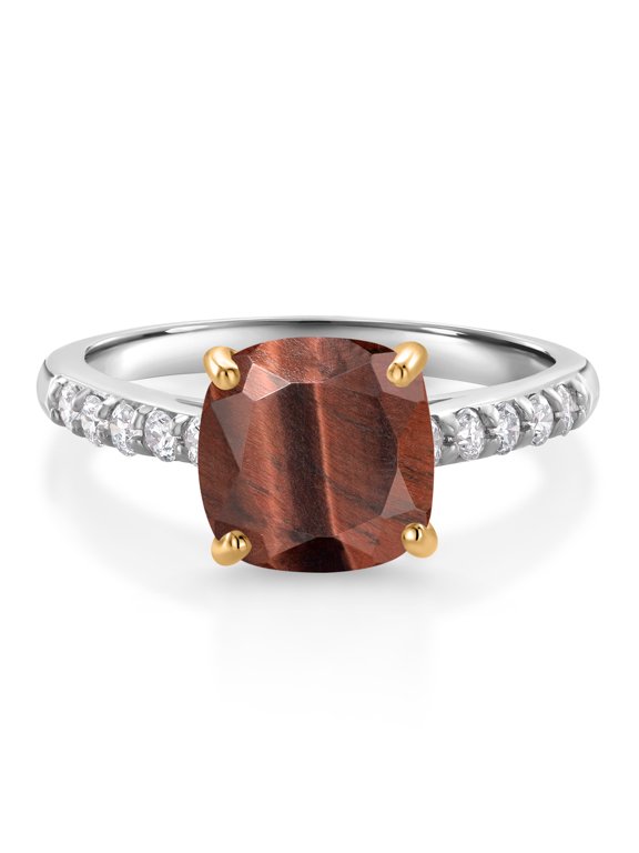 2.20 Ct Red Tiger Eye G/H Lab Grown Diamond 10K White Gold Engagement Ring with Yellow Gold Prongs (Size 6)