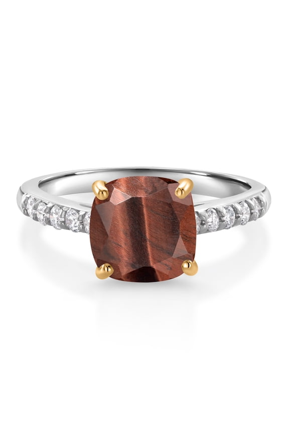 2.20 Ct Red Tiger Eye G/H Lab Grown Diamond 10K White Gold Engagement Ring with Yellow Gold Prongs (Size 5)