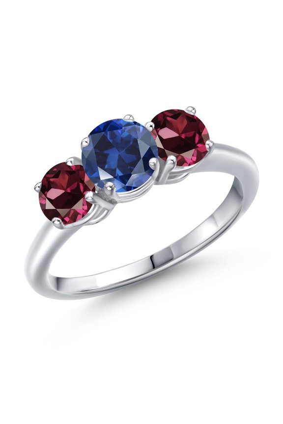925 Sterling Silver Blue Created Sapphire and Red Rhodolite Garnet Engagement Ring for Women | 2.20 Cttw | Round 6MM | Gemstone September Birthstone | Size 7