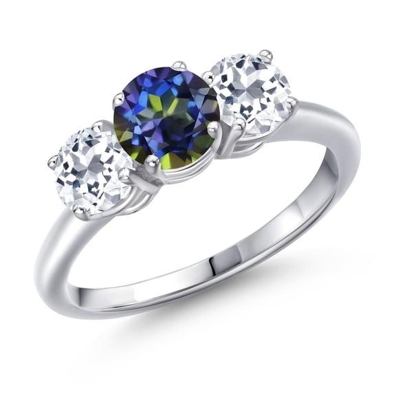 Gem Stone King 925 Sterling Silver Blue Mystic Topaz and White Topaz Engagement Ring for Women | 2.20 Cttw | Round 6MM | Gemstone November Birthstone | Size 7
