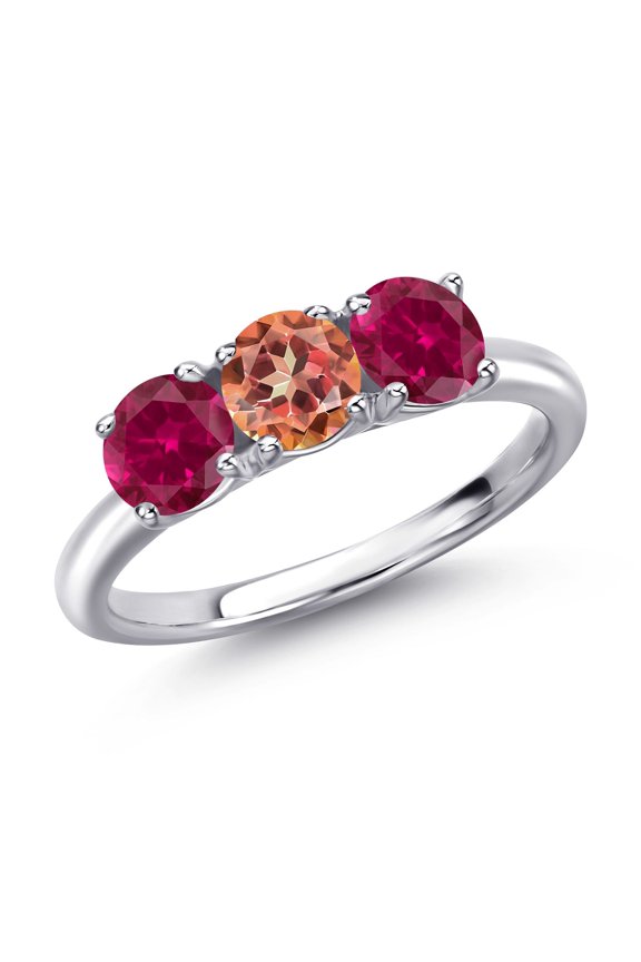 925 Sterling Silver Ecstasy Mystic Topaz and Red Created Ruby Engagement Ring for Women | 2.20 Cttw | Round 5MM | Gemstone November Birthstone | Size 9