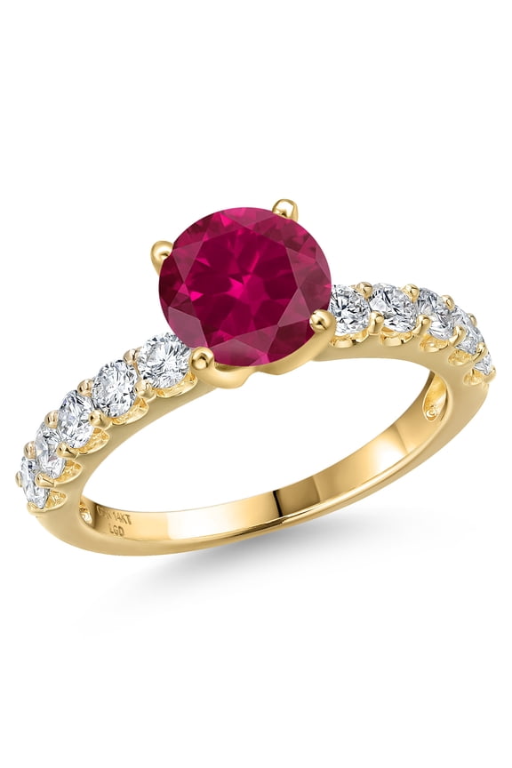 14K Yellow Gold Red Created Ruby and Lab Grown Diamond Engagement Ring for Women | 2.20 Cttw | Round 7MM | Gemstone July Birthstone | Size 5