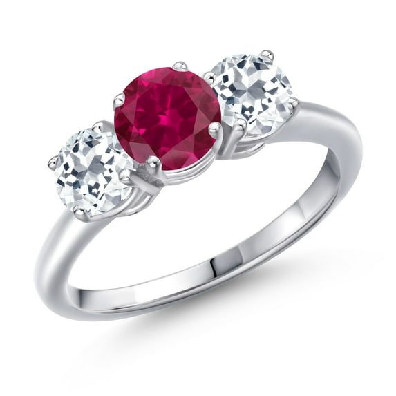 Gem Stone King 925 Sterling Silver Red Created Ruby and White Topaz Engagement Ring for Women | 2.20 Cttw | Round 6MM | Gemstone July Birthstone | Size 8
