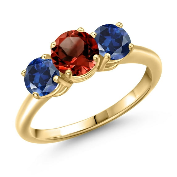 Gem Stone King 18K Yellow Gold Plated Silver Red Garnet and Blue Created Sapphire Engagement Ring for Women | 2.20 Cttw | Round 6MM | Gemstone January Birthstone | Size 6