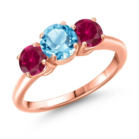 Gem Stone King 18K Rose Gold Plated Silver Swiss Blue Topaz and Red Created Ruby Engagement Ring for Women | 2.20 Cttw | Round 6MM | Gemstone November Birthstone | Size 8