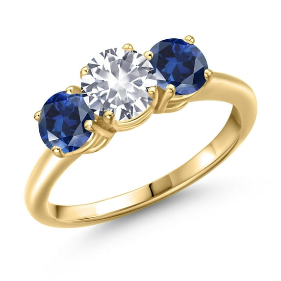 Gem Stone King 18K Yellow Gold Plated Silver White Created Sapphire and Blue Created Sapphire Engagement Ring for Women | 2.20 Cttw | Round 6MM | Gemstone September Birthstone | Size 6