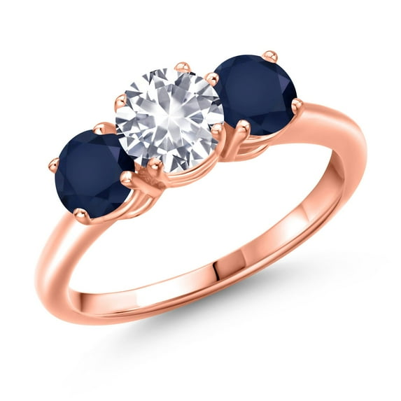 Gem Stone King 18K Rose Gold Plated Silver White Created Sapphire and Blue Sapphire Engagement Ring for Women | 2.20 Cttw | Round 6MM | Gemstone September Birthstone | Size 9