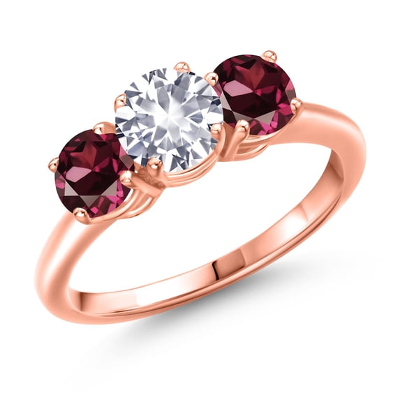 Gem Stone King 18K Rose Gold Plated Silver White Created Sapphire and Red Rhodolite Garnet Engagement Ring for Women | 2.20 Cttw | Round 6MM | Gemstone September Birthstone | Size 8