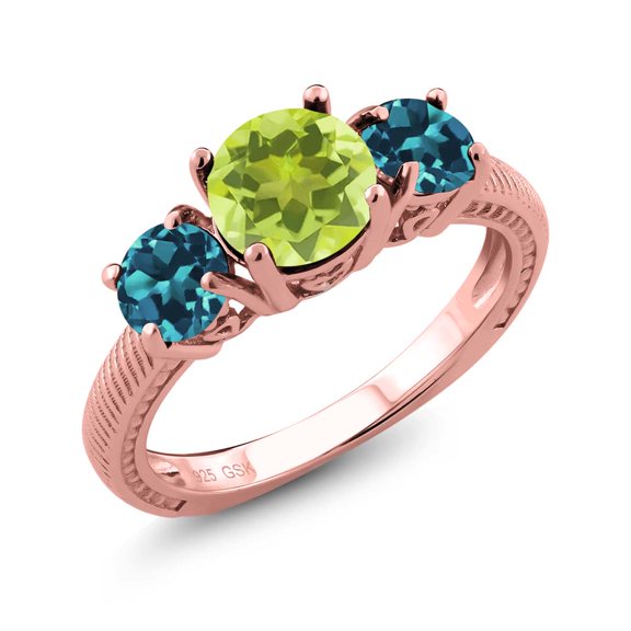 Gem Stone King 2.20 Ct Yellow Lemon Quartz London Blue Topaz 18K Rose Gold Plated Silver 3 Stone Ring (Size 5)