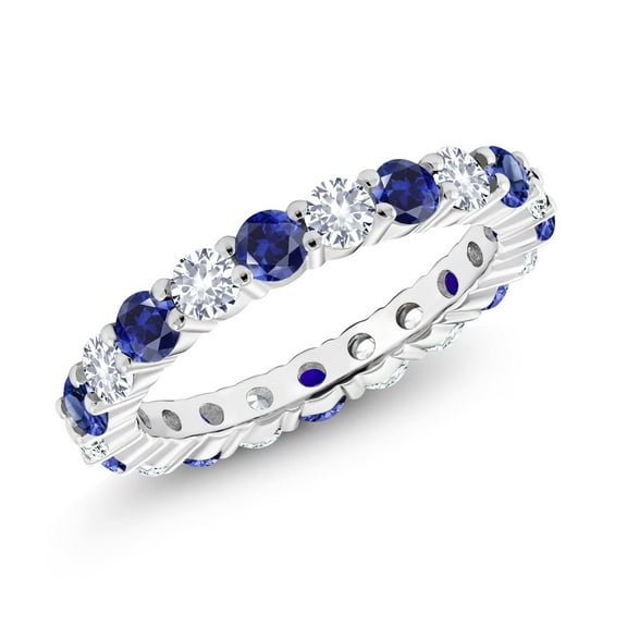 Gem Stone King 2.20 Cttw Blue and White Created Sapphire Eternity Wedding Band Ring for Women | 925 Sterling Silver | 3MM Round | Wedding Anniversary Promise Ring for Women | Size 6
