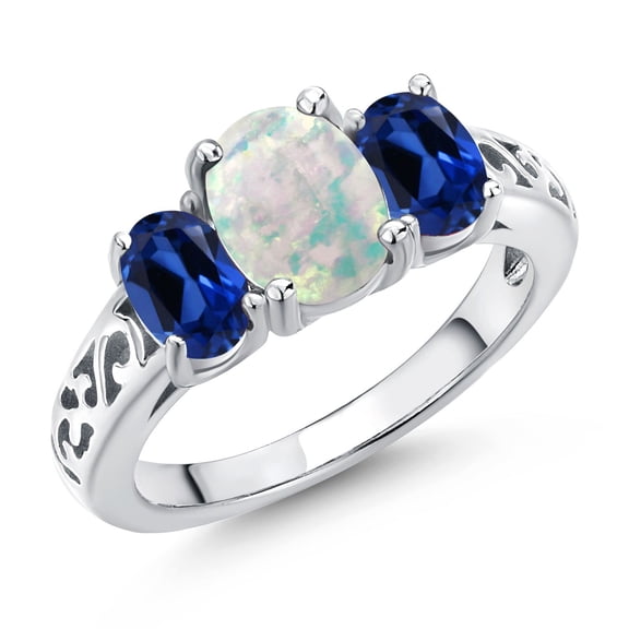 Gem Stone King 2.20 Cttw White Opal and Blue Created Sapphire Filigree Style 3-Stone Ring for Women | 925 Sterling Silver | Oval 8X6MM and 6X4MM | Wedding Engagement Anniversary Promise Ring | Size 9