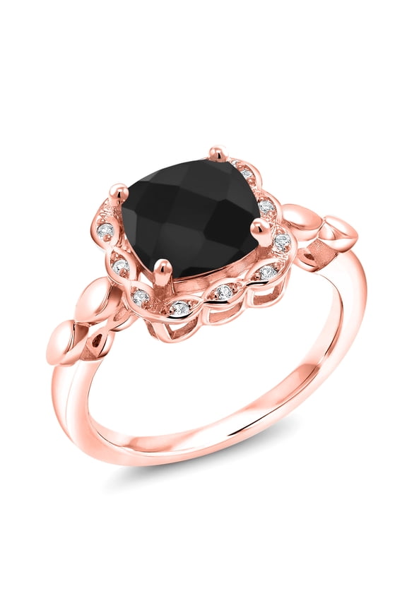 2.21 Ct Cushion Checkerboard Black Onyx White Created Sapphire 18K Rose Gold Plated Silver Ring