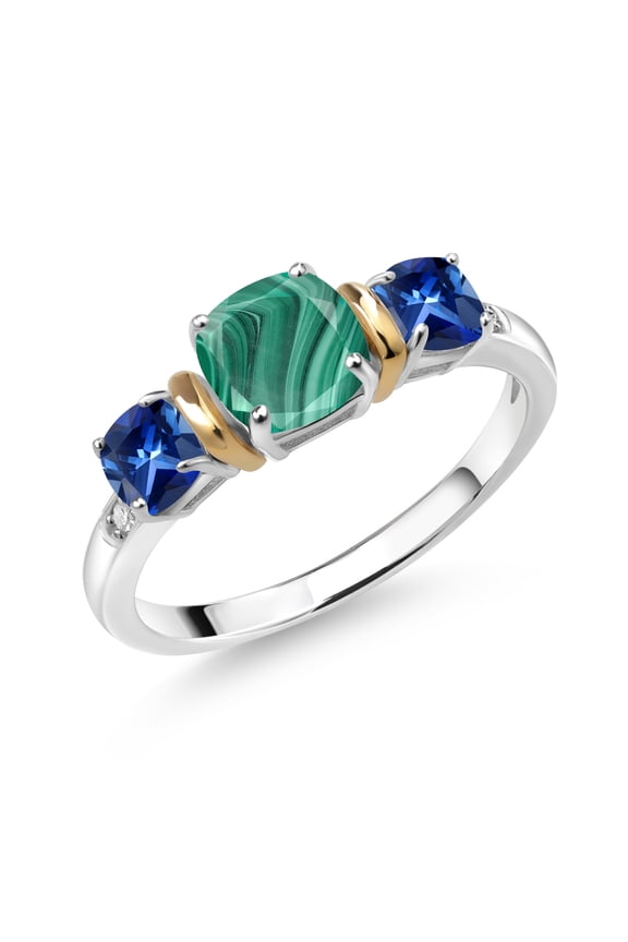 2.21 Ct Green Malachite Blue Created Sapphire 925 Silver and 10K Yellow Gold Diamond 3-Stone Ring (Size 9)