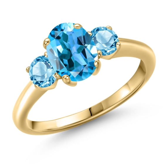 Gem Stone King 2.21 Ct Oval Swiss Blue Topaz 18K Yellow Gold Plated Silver Ring