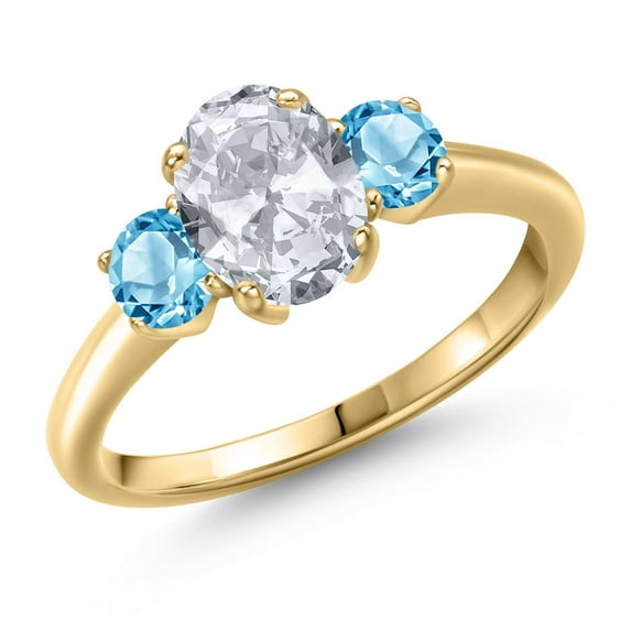 Gem Stone King 2.21 Ct Oval White Topaz Swiss Blue Topaz 18K Yellow Gold Plated Silver Ring