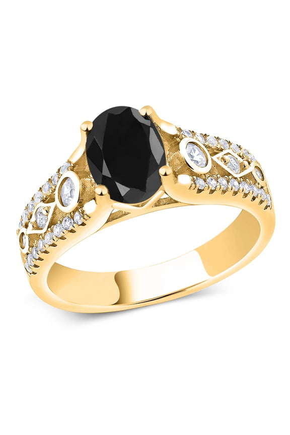 2.22 Ct Oval Black Sapphire 18K Yellow Gold Plated Silver Ring