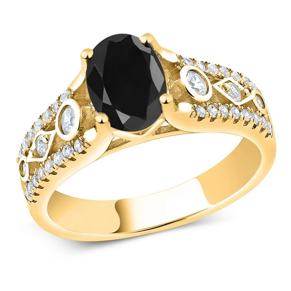 Gem Stone King 2.22 Ct Oval Black Sapphire 18K Yellow Gold Plated Silver Ring