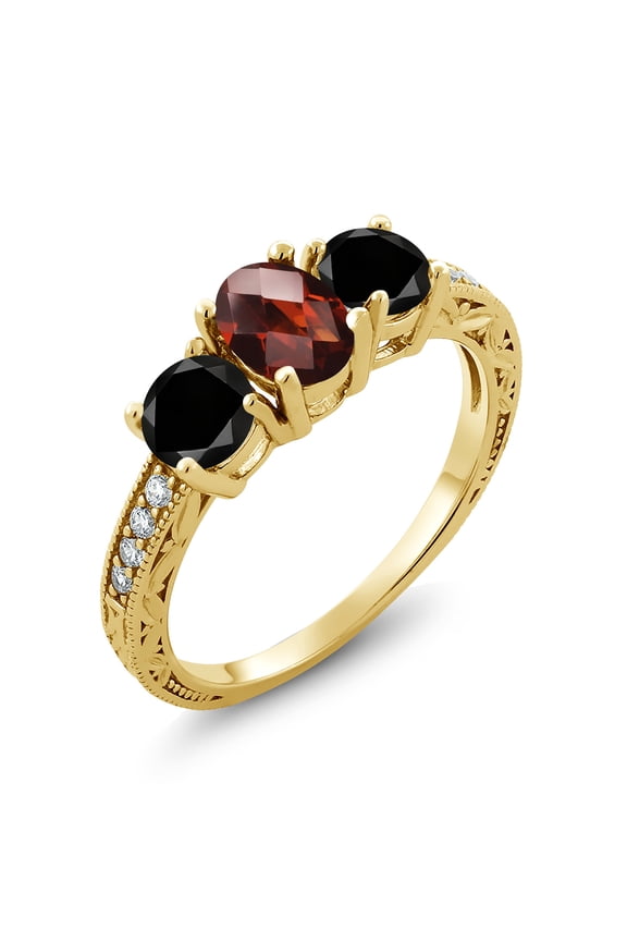 2.22 Ct Oval Checkerboard Red Garnet Black Diamond 18K Yellow Gold Plated Silver Moissanite Ring (Size 5)
