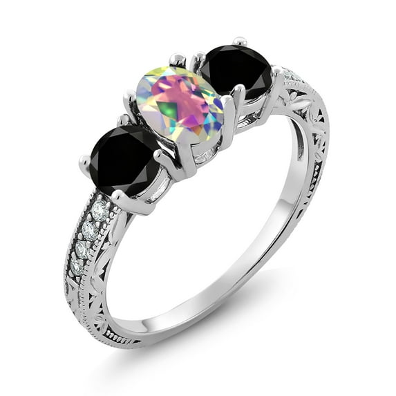 Gem Stone King 2.22 Ct Oval Mercury Mist Mystic Topaz Black Diamond 925 Sterling Silver Moissanite Ring (Size 6)