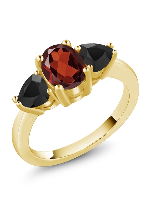 2.22 Ct Oval Red Garnet Black Onyx 18K Yellow Gold Plated Silver Ring (Size 5)