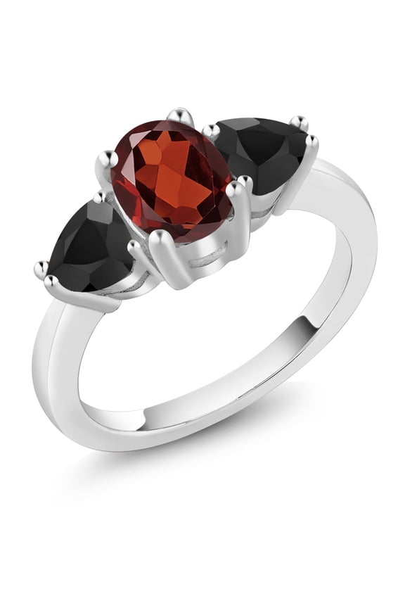 2.22 Ct Oval Red Garnet Black Onyx 925 Sterling Silver Ring (Size 5)