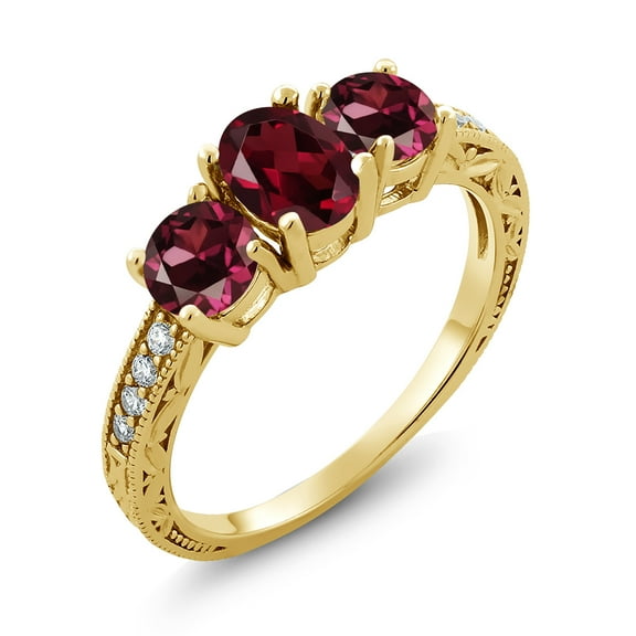 Gem Stone King 2.22 Ct Oval Red Rhodolite Garnet 18K Yellow Gold Plated Silver Moissanite Ring (Size 6)