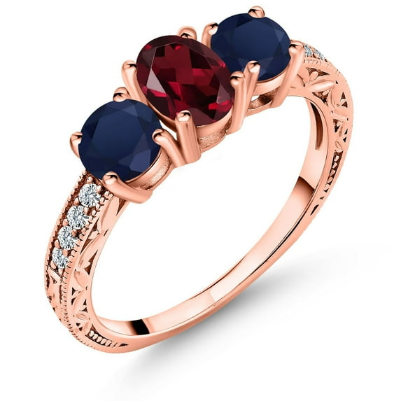 Gem Stone King 2.22 Ct Oval Red Rhodolite Garnet Blue Sapphire 18K Rose Gold Plated Silver Ring (Size 7)