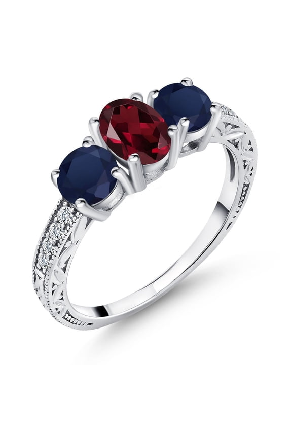 2.22 Ct Oval Red Rhodolite Garnet Blue Sapphire 925 Sterling Silver Ring (Size 9)