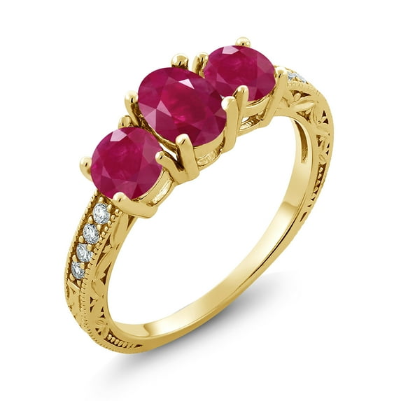 Gem Stone King 2.22 Ct Oval Red Ruby 18K Yellow Gold Plated Silver Moissanite Ring (Size 9)