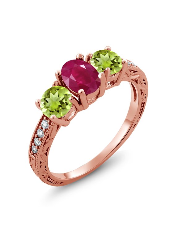 2.22 Ct Oval Red Ruby Green Peridot 18K Rose Gold Plated Silver Moissanite Ring (Size 8)