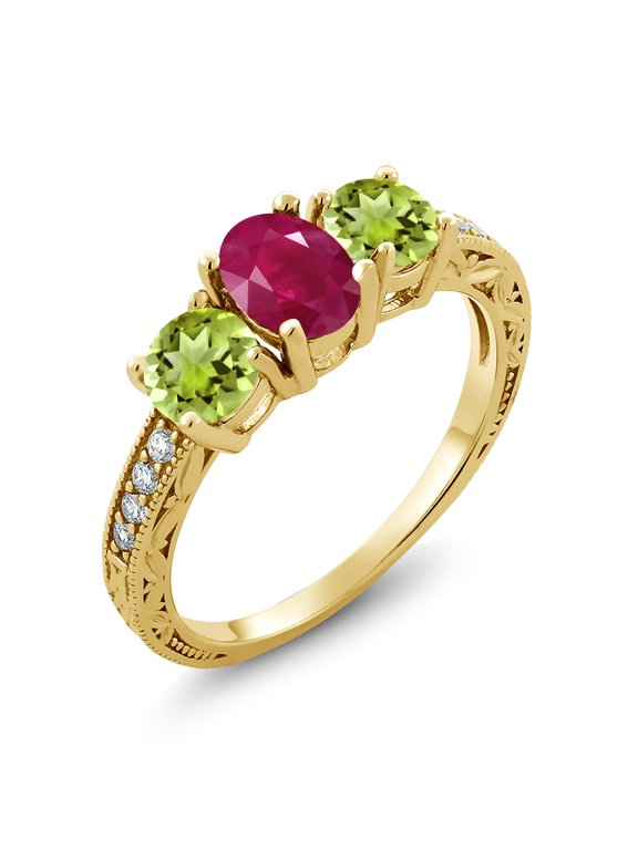2.22 Ct Oval Red Ruby Green Peridot 18K Yellow Gold Plated Silver Moissanite Ring (Size 7)