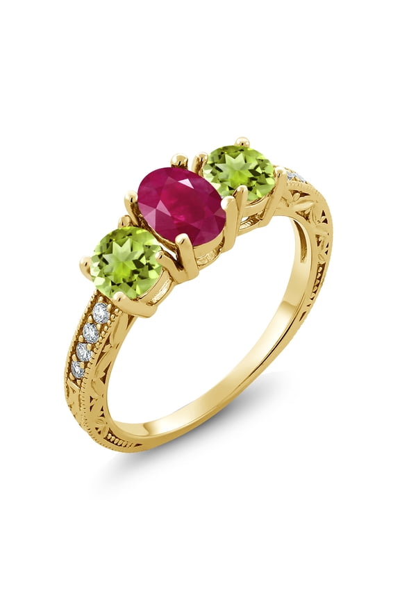 2.22 Ct Oval Red Ruby Green Peridot 18K Yellow Gold Plated Silver Moissanite Ring (Size 9)