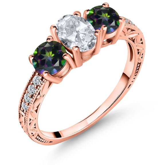 Gem Stone King 2.22 Ct Oval White Topaz Green Mystic Topaz 18K Rose Gold Plated Silver Ring (Size 9)