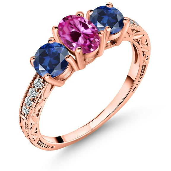 Gem Stone King 2.22 Ct Pink Created Sapphire Blue Created Sapphire 18K Rose Gold Plated Silver Ring (Size 7)