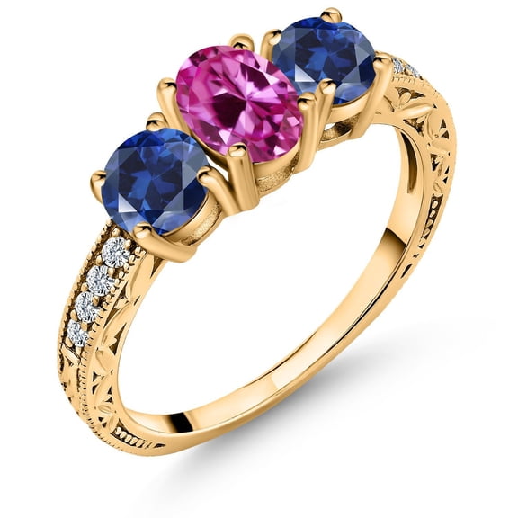 Gem Stone King 2.22 Ct Pink Created Sapphire Blue Created Sapphire 18K Yellow Gold Plated Silver Ring (Size 7)