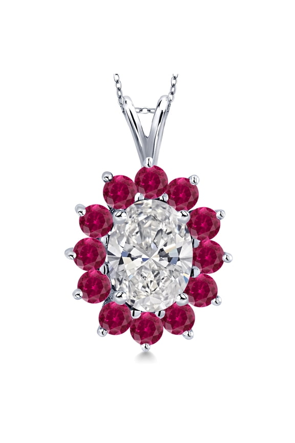 2.22 Cttw 14K White Gold IGI Certified Lab Grown Diamond and Created Ruby Pendant Necklace for Women | Center Oval 1.5 Ct Diamond E-F Color | VS1-VS2 Clarity | 18 inch Chain