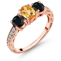Gem Stone King 2.23 Ct Oval Checkerboard Yellow Citrine Black Sapphire 18K Rose Gold Plated Silver Ring (Size 9)