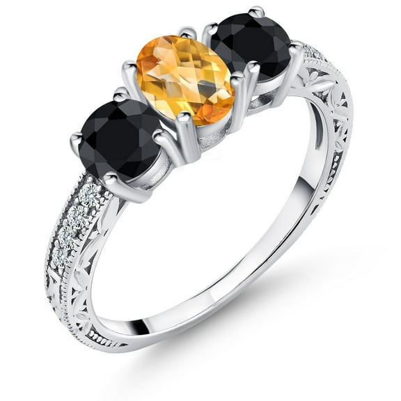 Gem Stone King 2.23 Ct Oval Checkerboard Yellow Citrine Black Sapphire 925 Sterling Silver Ring (Size 6)