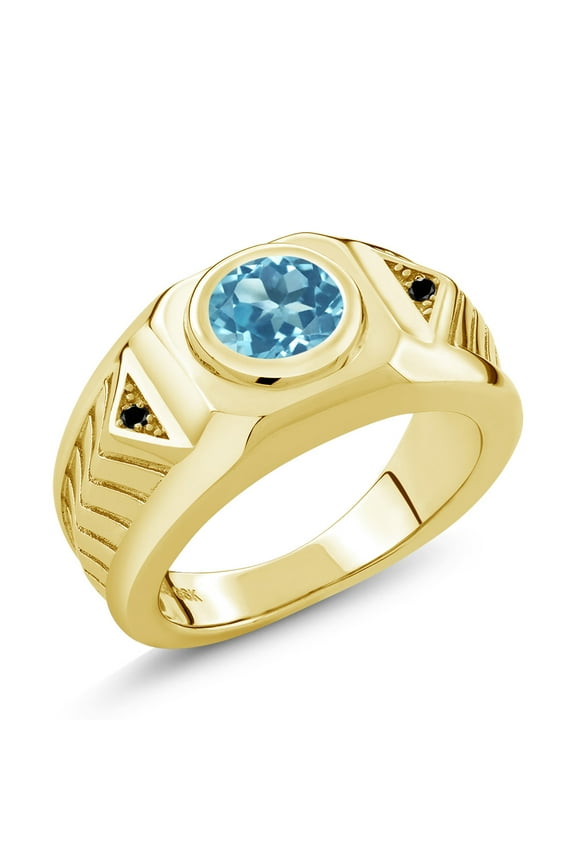 2.23 Ct Swiss Blue Topaz Black Diamond 18K Yellow Gold Plated Silver Men's Ring