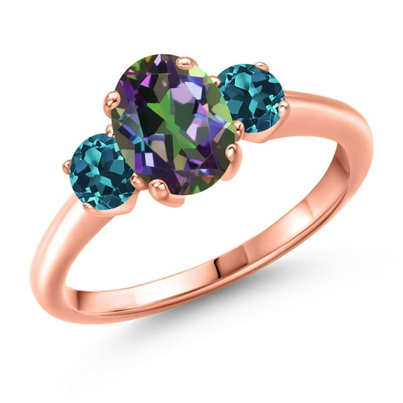 Gem Stone King 2.24 Ct Oval Green Mystic Topaz London Blue Topaz 18K Rose Gold Plated Silver Ring (Size 7)