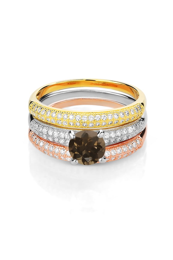 2.24 Ct Round Brown Smoky Quartz 925 Sterling Silver Set of 3 Stacking Ring (Size 5)
