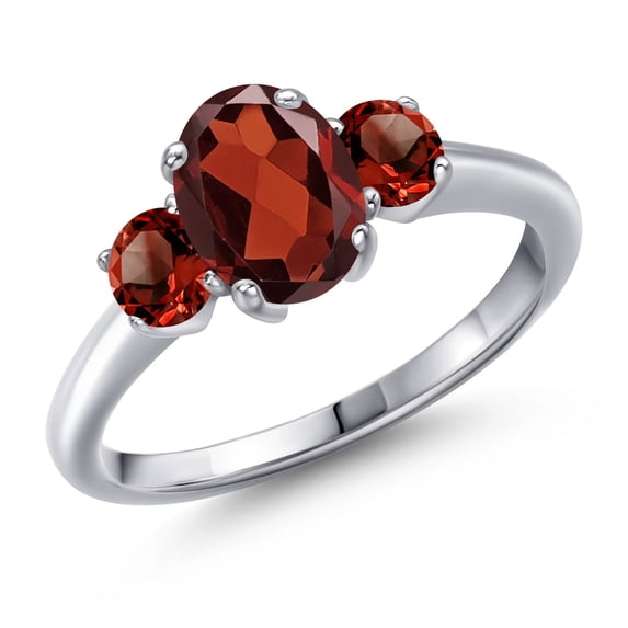 Gem Stone King 2.24 Cttw Red Garnet 3-Stone Engagement Ring for Women | 925 Sterling Silver | Oval 8X6MM and Round 4MM | Three Stone Wedding Engagement Anniversary Promise Ring for Women